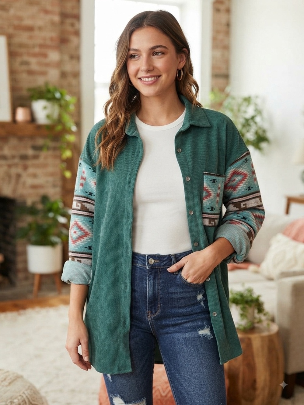 Teal Aztec-Sleeve Bomber Shacket - Women's Casual Jacket